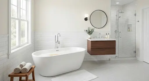 A beautifully remodeled bathroom featuring a modern freestanding tub, sleek chrome faucets, and crisp white subway tile in a bright, clean lighting setup.