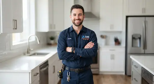 Portrait of a confident, professional male plumber in a clean navy blue uniform, standing with arms crossed in a bright, modern residential setting. High contrast, sharp focus.