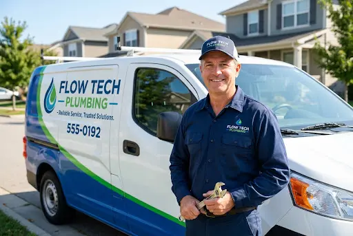 A smiling, professional plumber standing proudly next to a branded Apex Plumbing van in a residential neighborhood on a sunny day. He is wearing a clean blue uniform, holding a wrench, exuding reliability and trust.