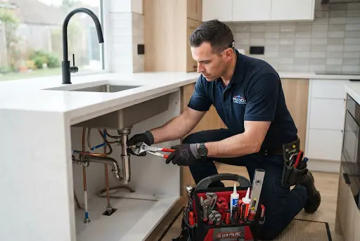 A highly skilled plumbing technician meticulously working on copper pipes under a kitchen sink in a modern home. He is focused, using professional tools, and wearing safety glasses, demonstrating expertise and precision.